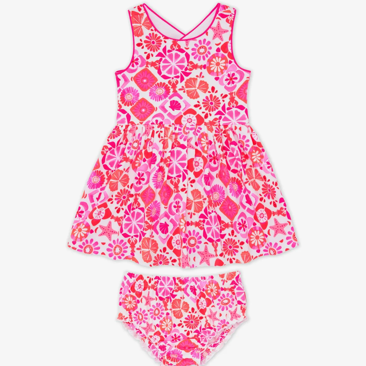 Bamboo Baby Clothes|Dresses<Little Sleepies Cross Back Skater Dress with Bloomer Coastal Gems