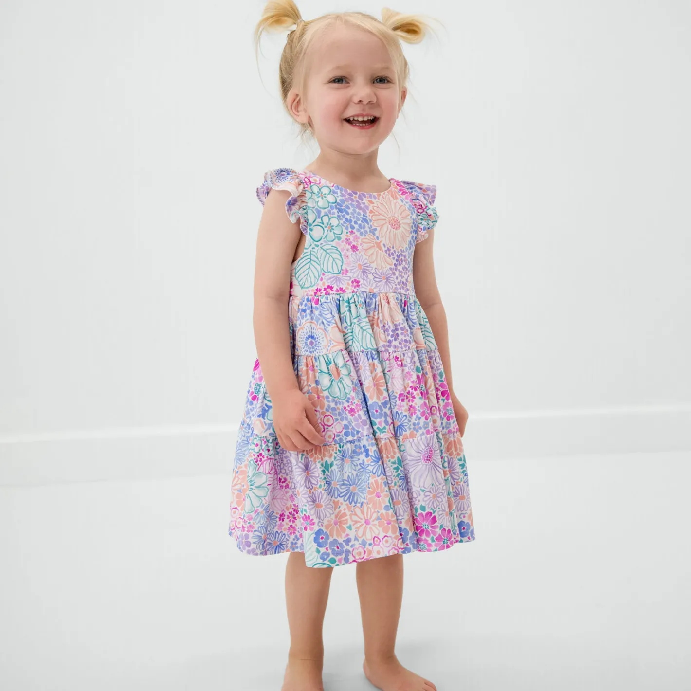 Bamboo Baby Clothes|Dresses<Little Sleepies Tiered Flutter Dress with Bloomer Doodle Blooms