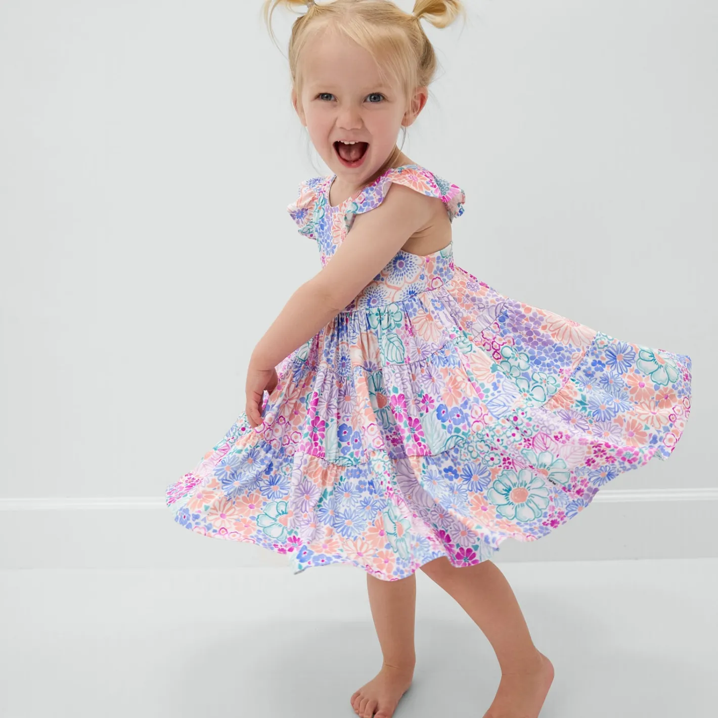 Bamboo Baby Clothes|Dresses<Little Sleepies Tiered Flutter Dress with Bloomer Doodle Blooms