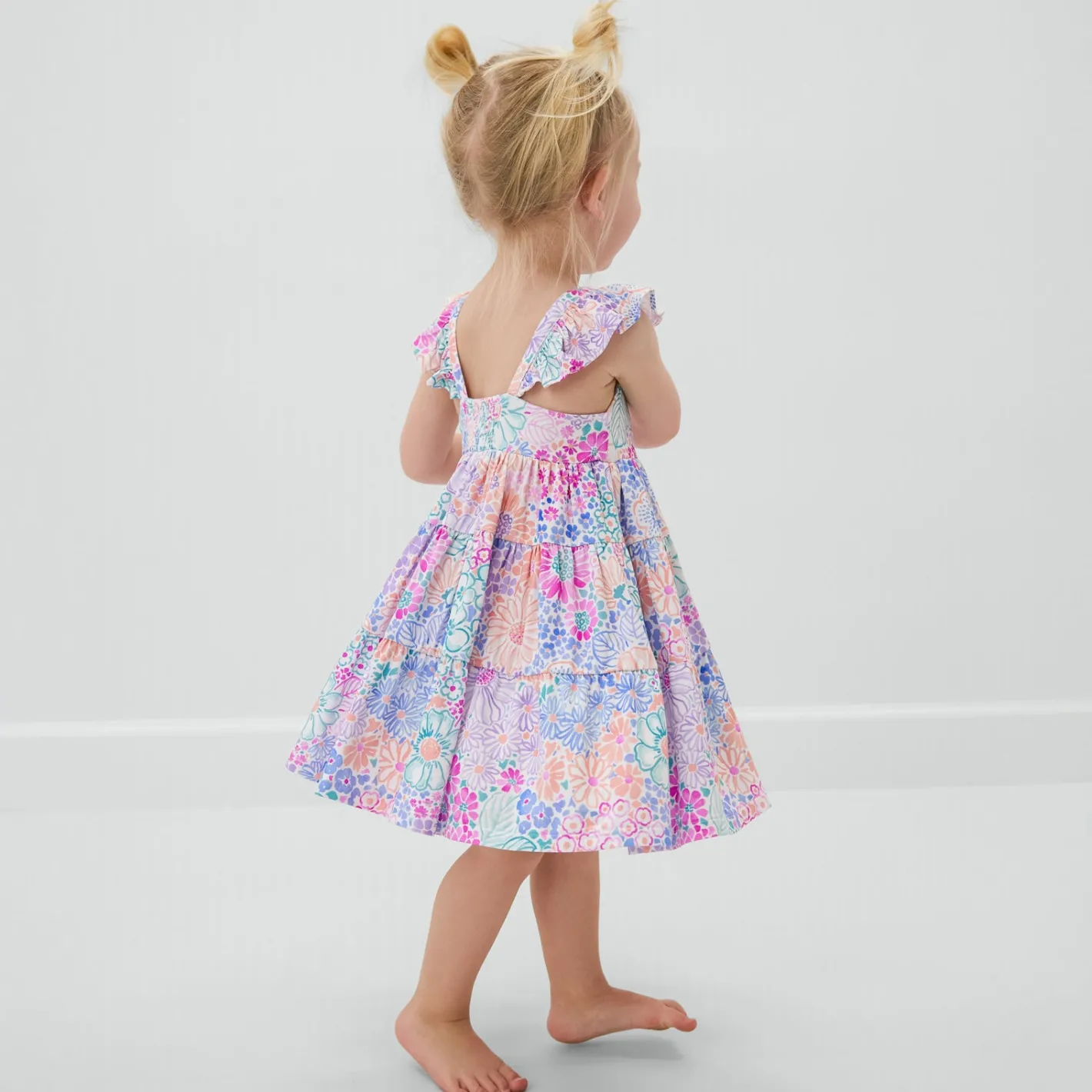 Bamboo Baby Clothes|Dresses<Little Sleepies Tiered Flutter Dress with Bloomer Doodle Blooms