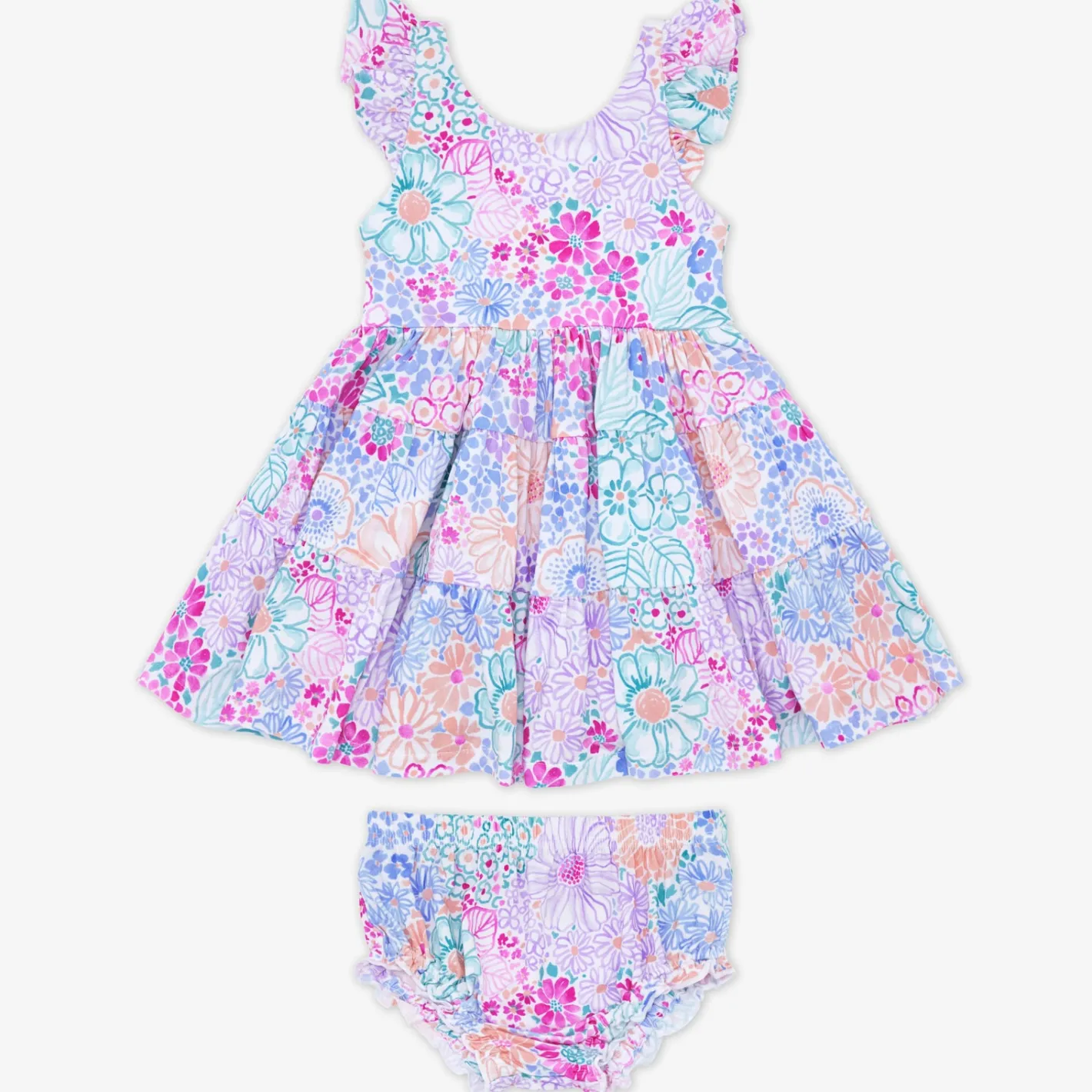Bamboo Baby Clothes|Dresses<Little Sleepies Tiered Flutter Dress with Bloomer Doodle Blooms