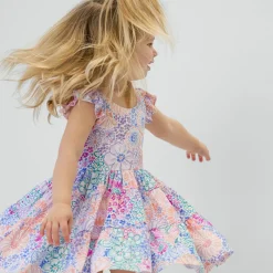 Bamboo Baby Clothes|Dresses<Little Sleepies Tiered Flutter Dress with Bloomer Doodle Blooms