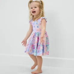 Bamboo Baby Clothes|Dresses<Little Sleepies Tiered Flutter Dress with Bloomer Doodle Blooms