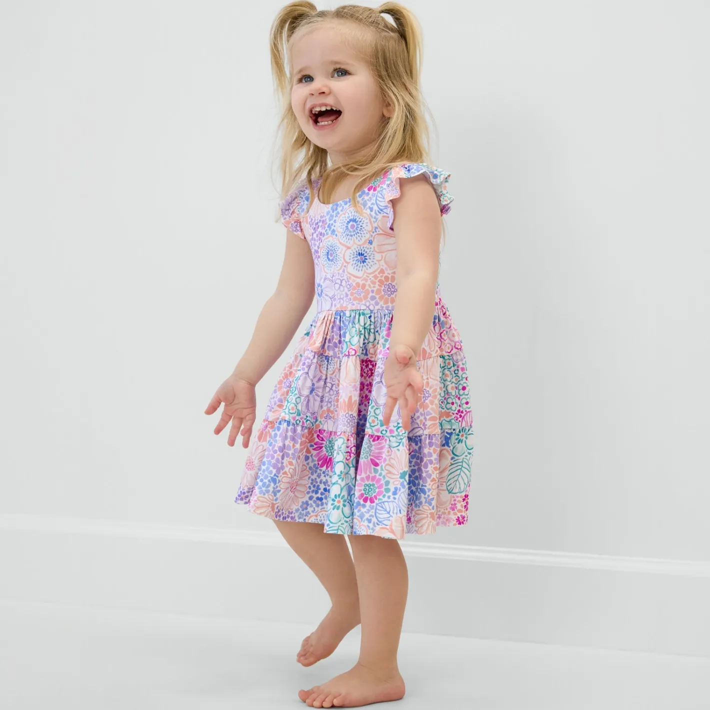 Bamboo Baby Clothes|Dresses<Little Sleepies Tiered Flutter Dress with Bloomer Doodle Blooms