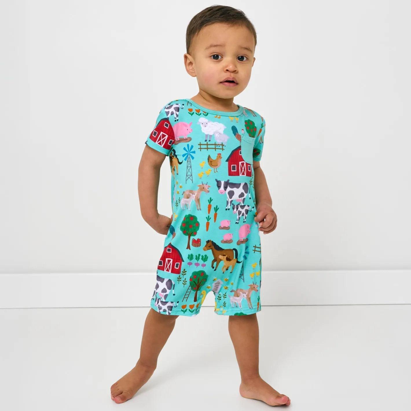 Bamboo Baby Clothes|Rompers<Little Sleepies Pocket Shorty Romper Farm Fam