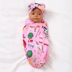 Layette|Swaddles<Little Sleepies Swaddle & Luxe Bow Headband Set Farm Fam