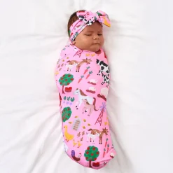 Layette|Swaddles<Little Sleepies Swaddle & Luxe Bow Headband Set Farm Fam