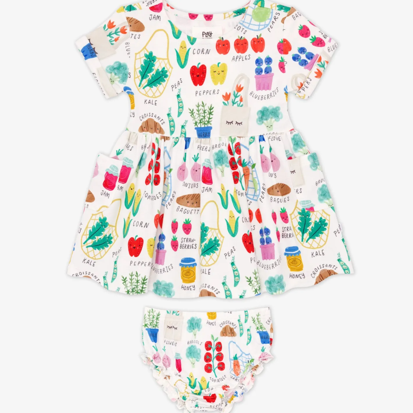 Bamboo Baby Clothes|Dresses<Little Sleepies Patch Pocket Dress with Bloomer Farmers Market