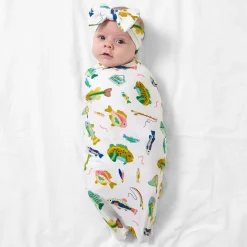 Layette|Swaddles<Little Sleepies Swaddle & Luxe Bow Headband Set Gone Fishin'