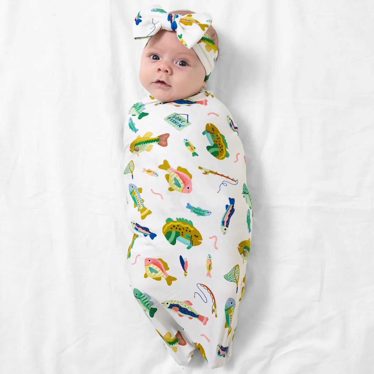 Layette|Swaddles<Little Sleepies Swaddle & Luxe Bow Headband Set Gone Fishin'