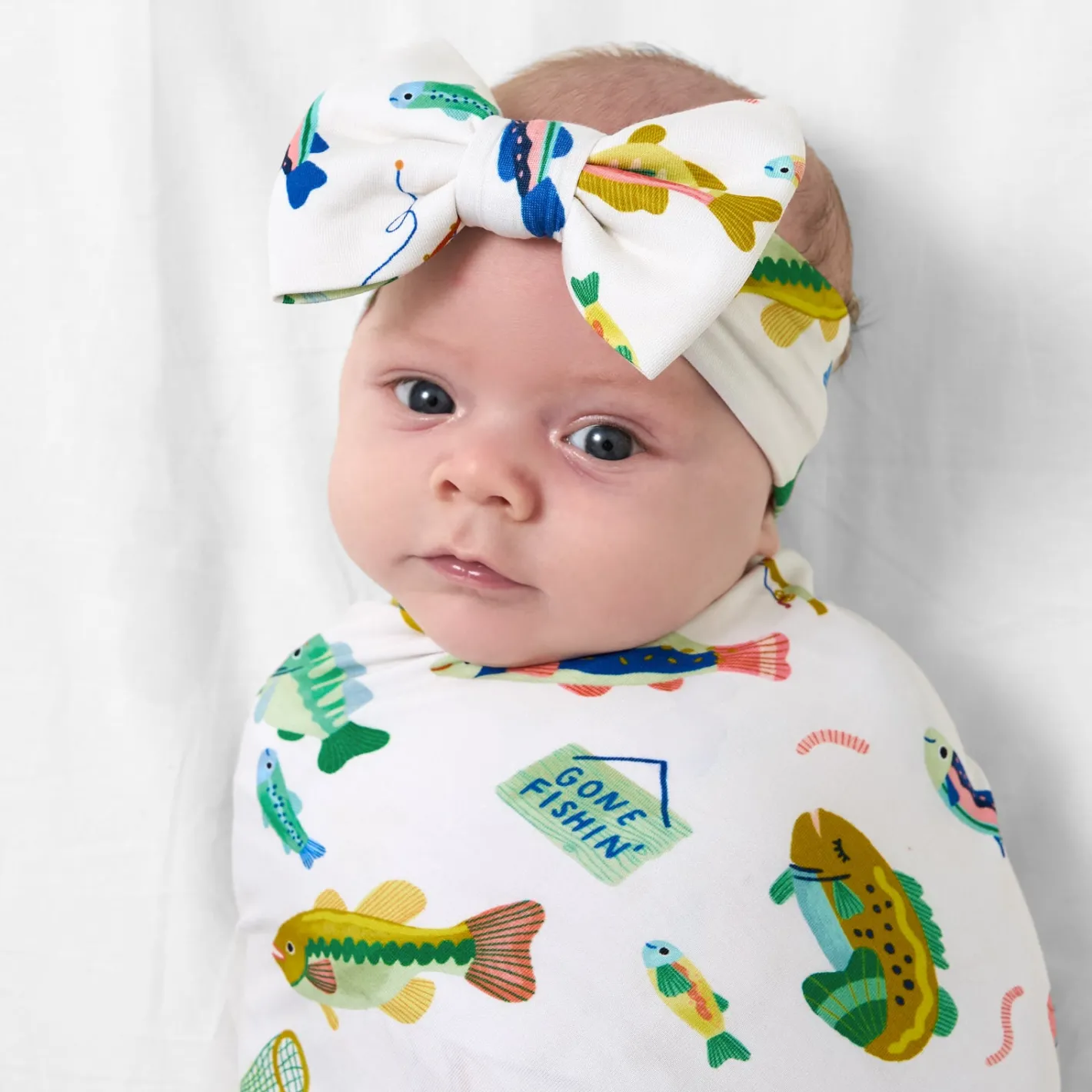 Layette|Swaddles<Little Sleepies Swaddle & Luxe Bow Headband Set Gone Fishin'