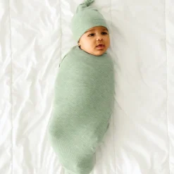 Layette|Swaddles<Little Sleepies Ribbed Swaddle & Hat Set Heather Sage