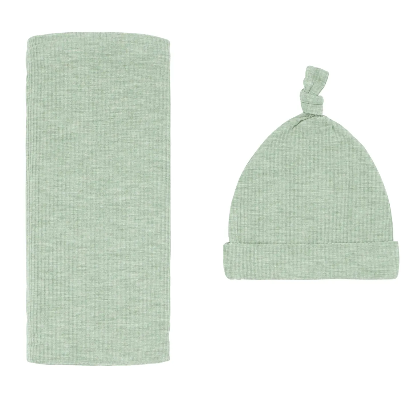 Layette|Swaddles<Little Sleepies Ribbed Swaddle & Hat Set Heather Sage