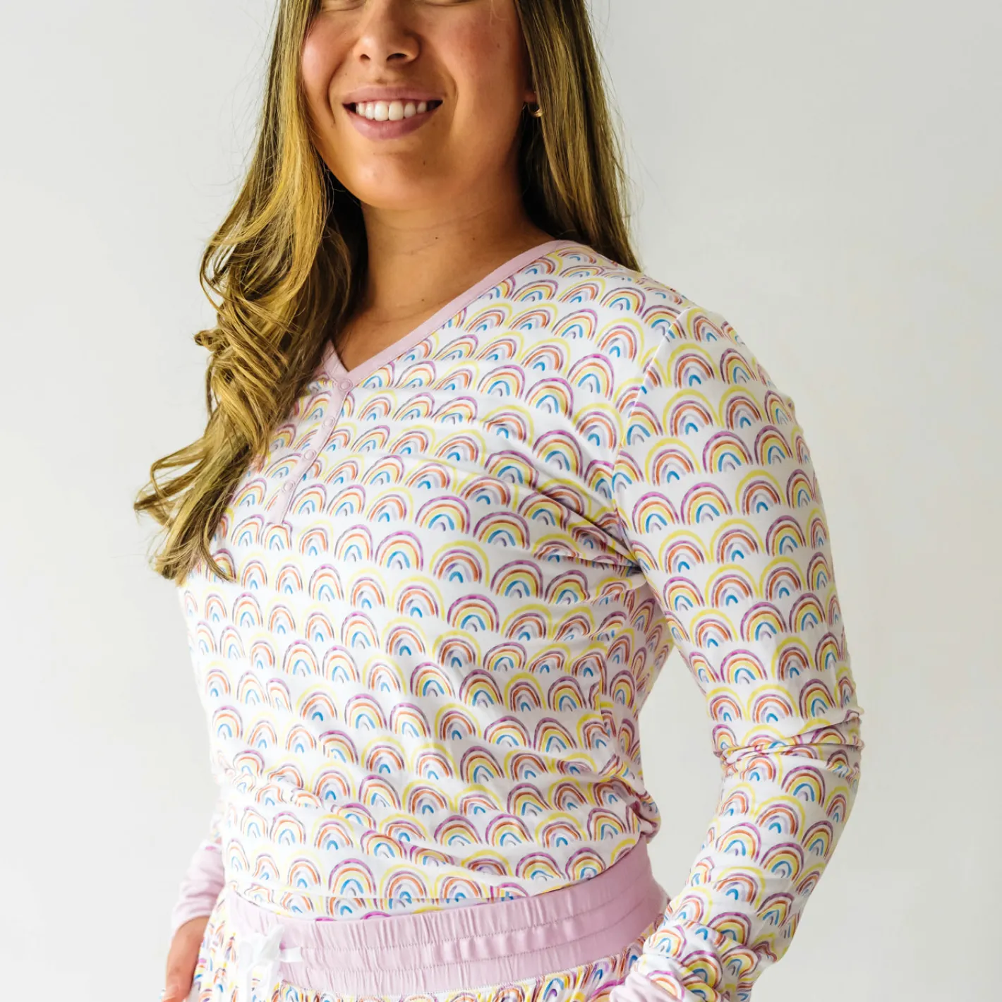Mommy & Me|Mommy & Me<Little Sleepies Women's Pajama Top Pastel Rainbows
