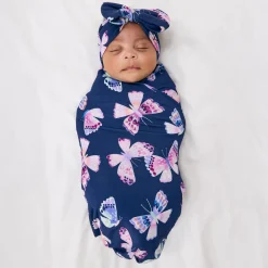 Layette|Swaddles<Little Sleepies Swaddle & Luxe Bow Headband Set Royal Butterflies