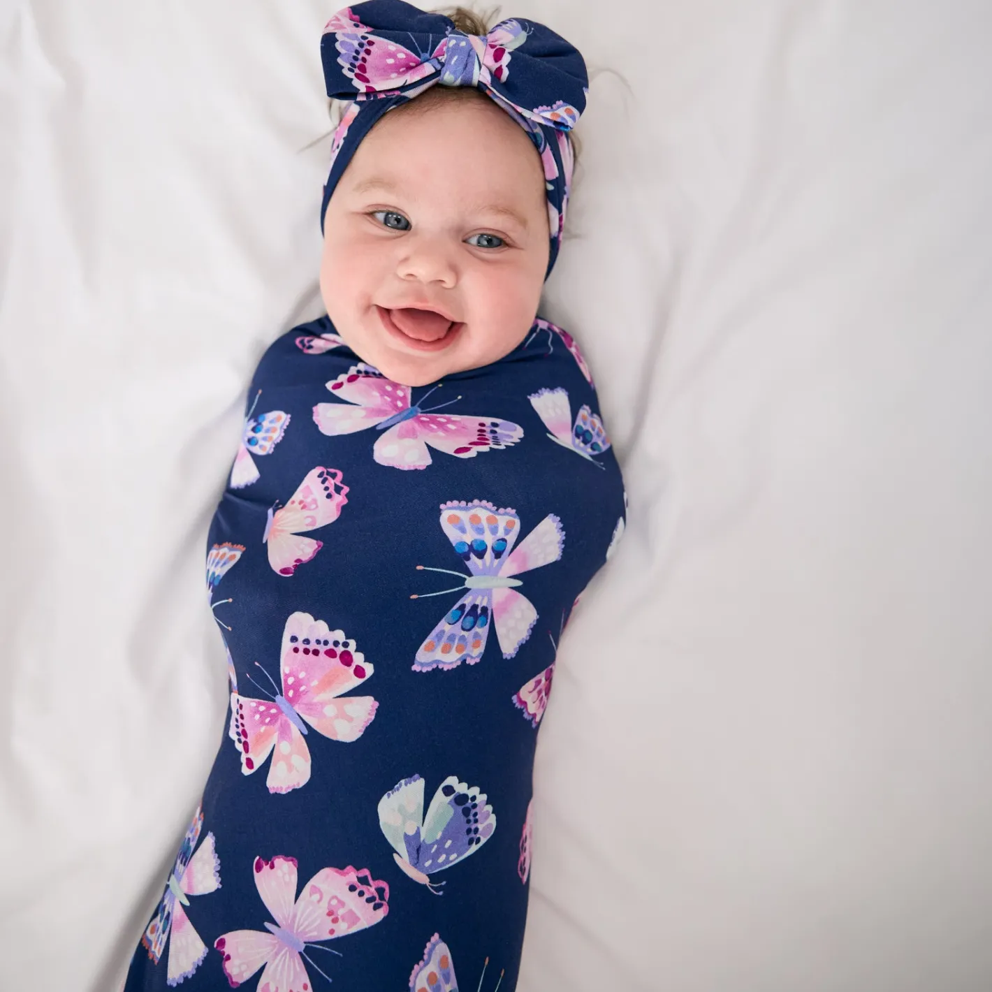 Layette|Swaddles<Little Sleepies Swaddle & Luxe Bow Headband Set Royal Butterflies