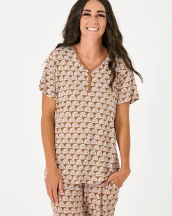 Mommy & Me|Mommy & Me<Little Sleepies Women's Short Sleeve Pajama Top Rust Rainbows