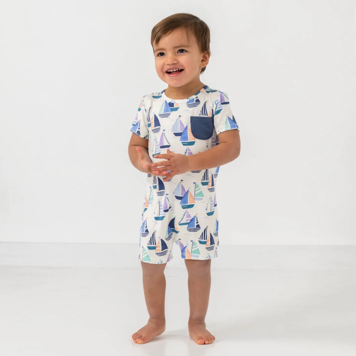 Bamboo Baby Clothes|Rompers<Little Sleepies Pocket Shorty Romper Seas The Day